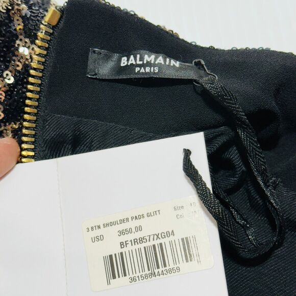 Balmain Strong-Shoulder Mini Dress 40/US 8 Gold Black Sequin Back Zip NWT $3650 - Picture 11 of 14